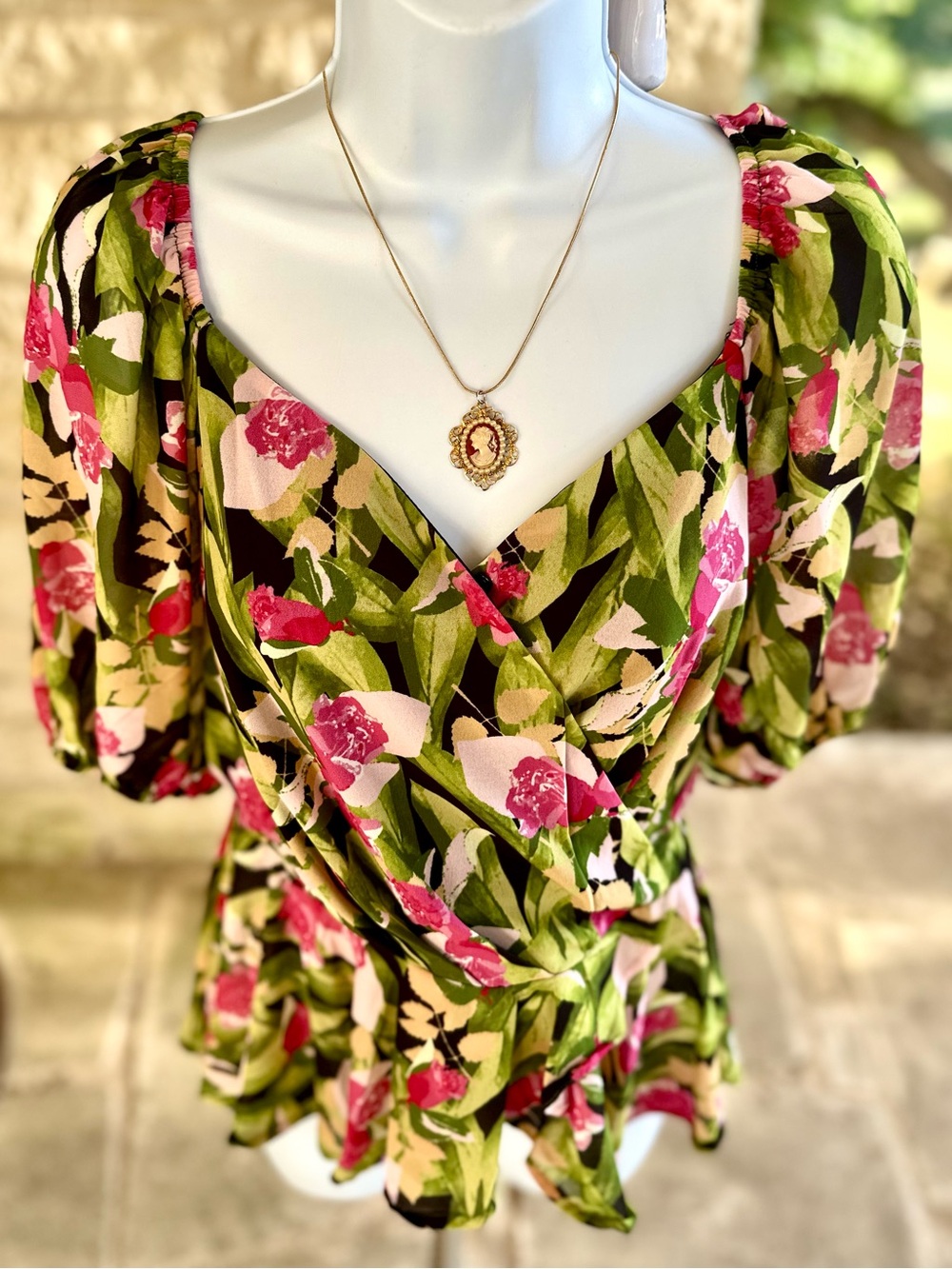 Flying Tomato Floral Faux Wrap Top in Pink & Green - Picture 7 of 11